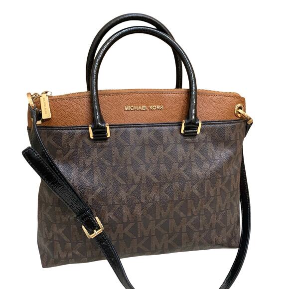 MICHAEL KORS Two-Tone Brown Cognac Signature AUBREY Zip Top Satchel w/Sh/Strap - Picture 1 of 16